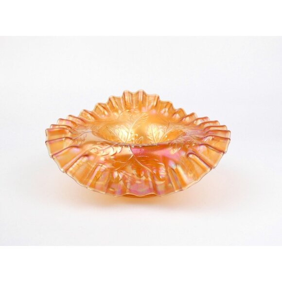 Unknown Other - Vintage Carnival Glass Ruffled Edges Iridescent Leaf & Holly Berry Bowl
